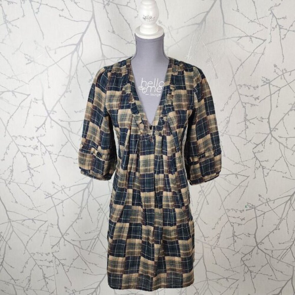 Naf Naf Beige Plaid Cotton Pleated Front V-Neck Tunic Dress
